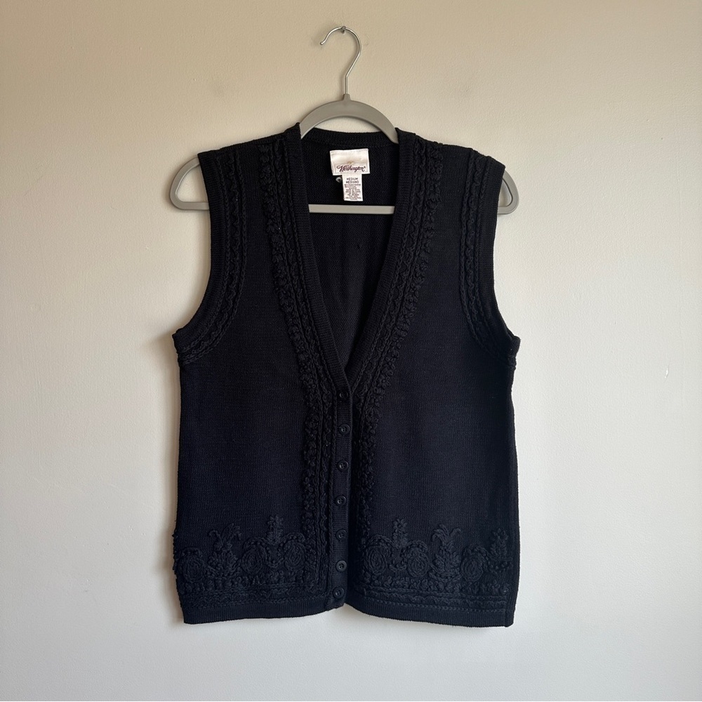 Vintage Worthington Black Embroidered Sweater Vest M